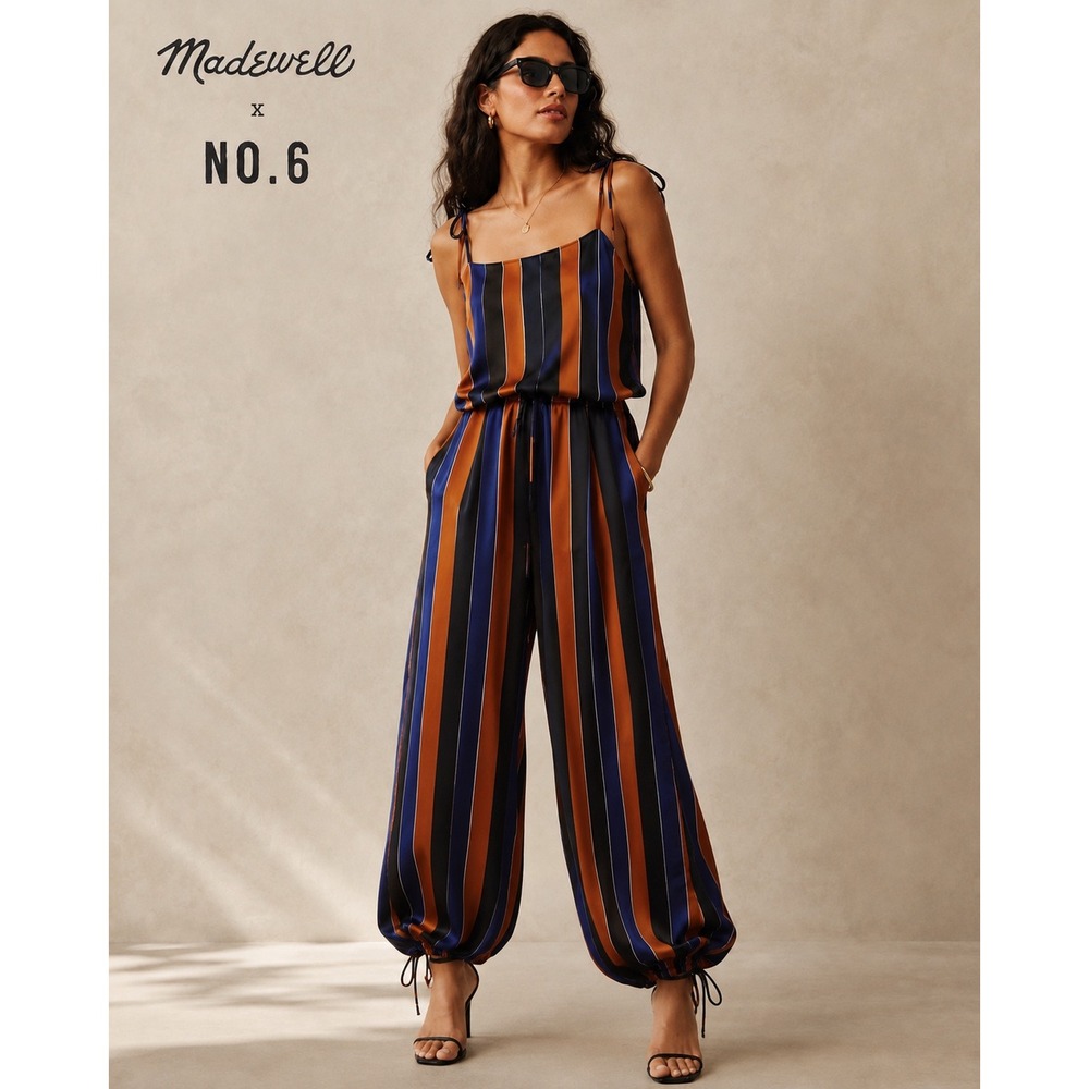 Madewell x No.6 Silk Striped Wide Leg Tie Shoulder Jumpsuit Size 4 Multi-Color